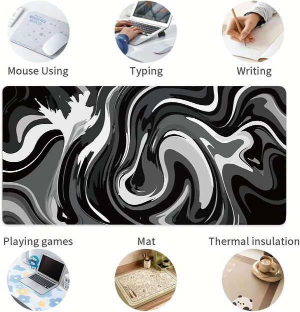 Large Gaming Mouse Pad - Black and White Mouse Pad with Stitched Edges, Extended XL Mousepad with Anti-Slip Rubber Base, Ink Liquid Wave Desk Mat for Keyboard and Mouse(31.5x15.8 inch) - Image 5