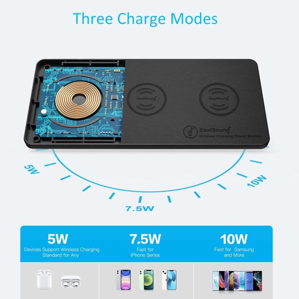 Wireless Charging Pad, ZealSound Ultra-Slim Triple Charger Station for Multiple 3 Devices & New Airpods Ultra Slim PU Leather Wireless Charging Mat W/AC Adapter for Smartphone Phone (Black) - Image 2