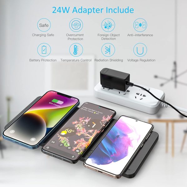 Wireless Charging Pad, ZealSound Ultra-Slim Triple Charger Station for Multiple 3 Devices & New Airpods Ultra Slim PU Leather Wireless Charging Mat W/AC Adapter for Smartphone Phone (Black) - Image 3