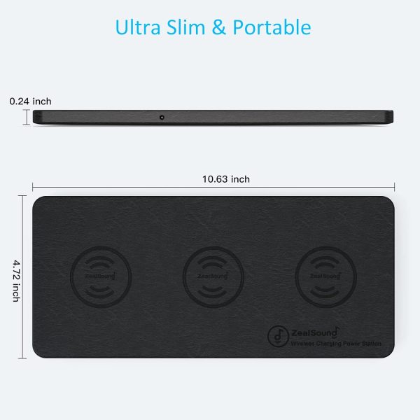 Wireless Charging Pad, ZealSound Ultra-Slim Triple Charger Station for Multiple 3 Devices & New Airpods Ultra Slim PU Leather Wireless Charging Mat W/AC Adapter for Smartphone Phone (Black) - Image 6
